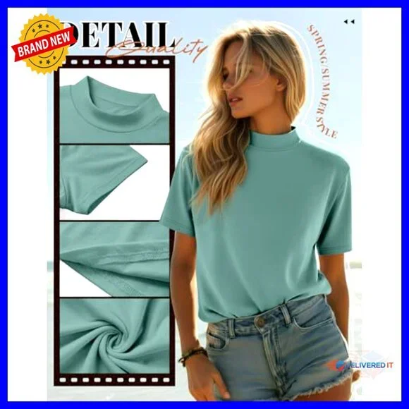 Mock Neck Turtleneck Tops Slim Fitted Dressy Casual Tees Summer Basic